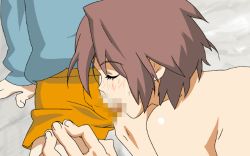 1boy 1girl age_difference animated animated_gif blue_sweater blush brown_hair censored character_request closed_eyes clothed_male_nude_female fellatio hetero indoors mosaic_censoring nude oral orange_shorts penis short_hair shorts shota sogna solo_focus sweat sweater viper_(series) viper_v8r