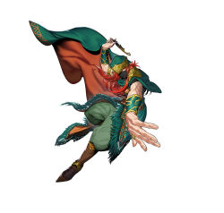 1boy armor boots brown_boots cape clenched_hand dagger fire_emblem fire_emblem:_the_sacred_stones fire_emblem_heroes full_body green_cape green_pants holding holding_dagger holding_knife holding_weapon joshua_(fire_emblem) joshua_(resolute_tempest)_(fire_emblem) knife long_hair nintendo official_art okuma_yuugo pants pauldrons red_eyes red_hair shoulder_armor single_pauldron solo weapon