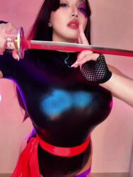 1girl animated ariacosplay breasts cosplay female_focus large_breasts looking_at_viewer marvel marvel_rivals navel nipples pov psylocke psylocke_(cosplay) real_life solo tagme video