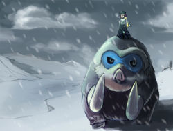 Rule 34 | 1girl, ace trainer (female) (pokemon xy), ace trainer (pokemon), brown hair, cloud, footprints, gen 4 pokemon, hat, mamoswine, md5 mismatch, nintendo, npc trainer, pokemon, pokemon (creature), pokemon xy, riding, riding pokemon, snowing, tusks, wizard898