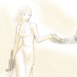 artist_request blonde_hair dress gun holding_hands lowres machine_gun metal_gear_(series) metal_gear_solid_3:_snake_eater the_boss weapon