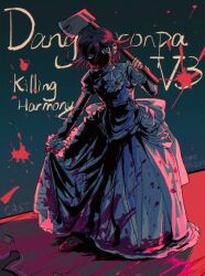 1boy beluckylucky blood brown_hair character_name crossdressing danganronpa_(series) danganronpa_v3:_killing_harmony dress flipped_hair hair_between_eyes highres long_sleeves looking_at_viewer male_focus medium_hair oma_kokichi pink_blood puffy_short_sleeves puffy_sleeves shoes short_sleeves solo