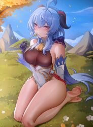 Rule 34 | 1girl, absurdres, ahoge, armpit crease, backless bodysuit, backless outfit, bare legs, bare shoulders, barefoot, bell, blue hair, blue sky, breasts, commentary, covering own mouth, cowbell, detached collar, detached sleeves, english commentary, feet, flower, foot focus, full body, ganyu (genshin impact), genshin impact, gloves, goat horns, gold trim, grass, halterneck, highres, horns, large breasts, legs, long hair, looking at viewer, on grass, outdoors, ponytail, puppnet, purple eyes, red rope, rope, sideboob, sky, soles, solo, toes, vision (genshin impact)
