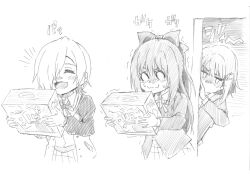 3girls :d ^_^ absurdres bow box closed_eyes collared_shirt commentary_request crescent crescent_hair_ornament greyscale hair_bow hair_ornament hair_over_one_eye half_updo highres holding holding_box jacket jitome letterman_jacket long_sleeves love_live! love_live!_nijigasaki_high_school_idol_club maeda_kaori mia_taylor monochrome multiple_girls nakasu_kasumi neck_ribbon nervous_smile nervous_sweating nintendo_switch_2 one_eye_covered open_clothes open_jacket open_mouth osaka_shizuku plaid_clothes plaid_skirt ribbon sagara_mayu shaded_face shirt sishamon skirt smile sound_effects sweat trembling uchida_shuu v-shaped_eyebrows voice_actor_connection winter_uniform