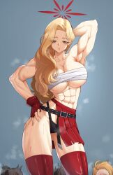 Rule 34 | 4girls, abs, absurdres, akemi (blue archive), arm behind head, arm up, armpits, bandages, biceps, black hair, black panties, blonde hair, blue archive, breasts, chest sarashi, delinquent, fingerless gloves, gloves, gluteal fold, groin tendon, halo, hand on own hip, highres, large breasts, long hair, looking at viewer, mole, mole under eye, moragon584, multiple girls, muscular, muscular female, navel, panties, presenting armpit, red gloves, red halo, red skirt, sarashi, short hair, skirt, solo, sukeban (mg) (blue archive), sukeban (smg) (blue archive), sukeban (sr) (blue archive), sweat, underwear