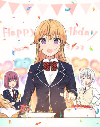 3girls :d absurdres arato_hisako black_bow black_bowtie black_necktie blonde_hair bow bowtie bread breasts brown_vest cake collared_shirt confetti dated food fruit happy_birthday highres large_breasts long_hair looking_at_viewer multiple_girls nakiri_alice nakiri_erina necktie open_mouth pink_eyes pink_hair plate purple_eyes red_bow red_bowtie red_necktie shirt shokugeki_no_souma short_hair smile strawberry striped_bow striped_bowtie striped_clothes striped_necktie sweatdrop tootsuki_saryou_ryouri_gakuen_uniform toy-black vest white_hair white_shirt