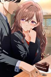 1boy 1girl absurdres aged_up black_hair black_suit blazer blue_necktie blush brown_hair cake cake_slice chocolate_cake faceless faceless_male food fork formal_clothes hand_up highres higuchi_madoka holding holding_fork idolmaster idolmaster_shiny_colors jacket jewelry koukashita long_hair mole mole_under_eye necklace necktie producer_(idolmaster) purple_hair suit sweatdrop