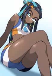 1girl blue_eyeshadow commentary crop_top crossed_legs dark-skinned_female dark_skin earrings eyelashes eyeshadow highres hoop_earrings jewelry long_hair looking_at_viewer makeup muis0802 multicolored_hair nessa_(pokemon) nintendo pokemon pokemon_swsh sidelocks sitting solo two-tone_hair white_background