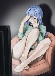 1girl aqua_shirt bae_minah_(chaesu) bare_legs barefoot black_panties blue_eyes blue_hair breasts chaesu commentary couch covering_own_eyes english_commentary feet full_body highres indoors knees_up legs long_hair long_sleeves medium_breasts no_pants on_chair original panties shadow shirt signature sitting solo television toenails toes underwear