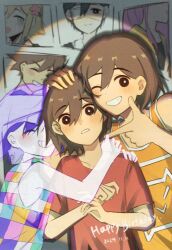 2024 3boys ;d ^_^ absurdres aged_down arm_around_neck aubrey_(faraway)_(omori) aubrey_(omori) bailan1130 bare_arms bare_shoulders basil_(faraway)_(omori) basil_(omori) black_eyes blush bright_pupils brown_hair checkered_clothes clenched_teeth closed_eyes collarbone colored_skin commentary dated double-parted_bangs film_grain fingernails grey_background grin hair_behind_ear hair_between_eyes hand_on_another&#039;s_head hand_on_another&#039;s_shoulder happy_birthday hero_(faraway)_(omori) hero_(omori) highres kel_(faraway)_(omori) kel_(headspace)_(omori) kel_(omori) looking_at_viewer male_focus mari_(omori) mari_(spirit)_(omori) multiple_boys multiple_persona omori one_eye_closed open_mouth orange_tank_top pointing pointing_at_another purple_hair red_shirt shirt short_hair short_sleeves simple_background smile spoilers sunny_(omori) t-shirt tank_top tearing_up teeth time_paradox upper_body v-shaped_eyebrows white_pupils white_skin