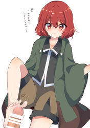 1other androgynous barefoot blush censored coat feet footjob green_coat highres len&#039;en ougi_hina penis red_eyes red_hair shitodo_hooaka short_hair shorts solo_focus translated