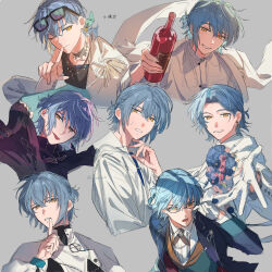 Rule 34 | 1boy, ;), absurdres, aqua hair, black jacket, black shirt, blue jacket, blue suit, bottle, bow, bowtie, closed mouth, coke 6, denim, dress shirt, earrings, eyes visible through hair, eyewear on head, formal clothes, green vest, grey background, hair over one eye, highres, holding, holding bottle, jacket, jeans, jewelry, looking at viewer, low ponytail, mahoutsukai no yakusoku, male focus, medium hair, multiple views, necklace, nero turner, one eye closed, pants, parted bangs, ponytail, shirt, short ponytail, simple background, smile, suit, suit jacket, sweat, teeth, vest, white jacket, white shirt, yellow eyes