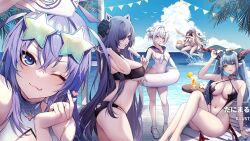 6+girls artist_request azur_lane bikini blonde_hair blue_eyes blue_sky blush breasts cellphone character_request food hat horns large_breasts lifebuoy medium_breasts missile multiple_girls navel ocean official_art one_eye_closed one_eye_covered phone popsicle purple_hair sandals sky smile star-shaped_pupils star_(symbol) sunglasses sunglasses_on_head swim_ring swimsuit symbol-shaped_pupils water wet white_hair yellow_eyes