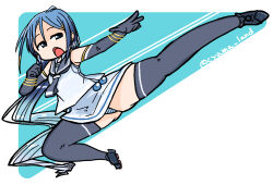 Rule 34 | 1girl, black neckerchief, black sailor collar, blue eyes, blue hair, commentary request, cyama land, elbow gloves, full body, gloves, high kick, highres, kantai collection, kicking, long hair, neckerchief, open mouth, panties, pantyshot, sailor collar, samidare (kancolle), school uniform, serafuku, shirt, skirt, sleeveless, sleeveless shirt, solo, striped clothes, striped panties, swept bangs, twitter username, underwear, very long hair, white shirt, white skirt