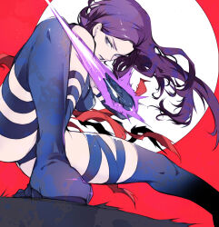 1girl full_moon highres ichizen_(o_tori) long_hair marvel marvel_rivals moon psylocke purple_hair red_background serious solo tagme thighs