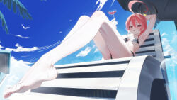 1girl absurdres ahoge arm_behind_head arm_up armpits bare_arms bare_legs barefoot beach_chair beach_umbrella bikini black_bikini blue_archive blue_sky blush bottle braid breasts chair cloud commentary_request cup day drinking_glass earrings feet foot_focus foreshortening from_below hair_between_eyes halo highres holding huge_ahoge jewelry knees_up legs loli looking_at_viewer lounge_chair lying mole mole_under_eye neru_(blue_archive) not_forever2w open_mouth orange_hair outdoors palm_tree partial_commentary print_bikini red_eyes red_hair short_hair signature single_braid sitting sky small_breasts smile soles solo stud_earrings sweat swimsuit thighs toenails toes tree umbrella