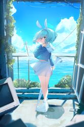 1girl absurdres arona_(blue_archive) blue_archive blue_eyes blue_hair blue_halo blue_shirt blush cloud colored_inner_hair cumulonimbus_cloud from_behind hairband halo highres holding holding_umbrella inu_lin looking_at_viewer medium_hair multicolored_hair ocean open_mouth pink_hair sailor_collar shirt shoes skirt solo umbrella umbrella_gun white_hairband white_sailor_collar white_shoes white_skirt white_umbrella