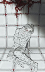 Rule 34 | 1boy, 7nite, absurdres, aotsuki eito, blood, blood in mouth, blood on clothes, blood on face, bodysuit, bound, bound arms, chinese commentary, eldritch abomination, eyeball, glasses, grey eyes, grey hair, head tilt, highres, looking at viewer, male focus, on floor, open mouth, padded room, padded walls, short hair, sitting, solo, straitjacket, the hundred line -last defense academy-, white bodysuit