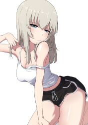 Rule 34 | 1girl, black shorts, blonde hair, blue eyes, blush, breasts, buchikaki, cleavage, closed mouth, dolphin shorts, girls und panzer, highres, itsumi erika, long hair, looking at viewer, medium breasts, midriff, navel, shirt, shorts, simple background, solo, white background, white shirt