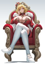 1girl absurdres ahoge armchair blonde_hair boots breasts cape chair cleavage commentary crossed_bangs crossed_legs crown dress fur-trimmed_cape fur_trim hair_between_eyes hand_on_own_face highres large_breasts long_sleeves looking_at_viewer on_chair original red_dress red_eyes short_hair sitting solo thigh_boots white_boots white_cape yamanokami_eaka