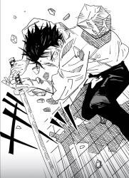 1boy angry fighting fighting_stance glaring highres holding holding_sword holding_weapon jujutsu_kaisen monochrome okkotsu_yuuta rubble shirt solo sound_effects sukesukeburger sword weapon white_background white_shirt