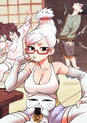 1boy 2girls armpits ayase_momo ayase_seiko bare_shoulders black_hair blue_shorts breast_rest breasts breasts_on_head brown_eyes brown_hair brown_shorts chestnut_mouth cigarette cleavage collarbone colo_(nagrolaz) colored_sclera commentary dandadan earrings eating elbow_gloves english_commentary feet_out_of_frame fingerless_gloves floating food full_body fur_trim glasses gloves green_shirt hair_between_eyes hair_ribbon hand_on_own_face hand_on_own_thigh highres indoors jewelry large_breasts long_sleeves looking_at_another multiple_girls on_floor onigiri open_mouth red-framed_eyewear red_ribbon ribbon round_eyewear screen_door semi-rimless_eyewear shirt short_eyebrows short_hair shorts sidelocks slippers smoking standing sweater swept_bangs table takakura_ken_(dandadan) tank_top tatami thighhighs turbo_granny_(dandandan) two-tone_tank_top updo white_gloves white_hair white_shorts white_sweater white_tank_top white_thighhighs wooden_table yellow_sclera yellow_tank_top