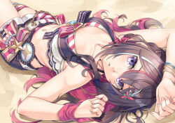 1girl arm_up azki_(hololive) bangle bare_shoulders belt belt_buckle bikini bikini_under_clothes black_hair black_shorts bracelet breasts buckle collarbone commentary_request hair_between_eyes hololive jewelry long_hair looking_at_viewer lying medium_breasts miri_(ago550421) multicolored_hair on_back open_clothes open_fly open_shorts parted_lips pink_hair purple_eyes sand short_shorts shorts signature solo streaked_hair striped_bikini striped_clothes swimsuit two-tone_hair very_long_hair virtual_youtuber white_belt white_hair