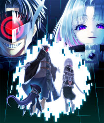 Rule 34 | 1boy, 1other, bemmon, black coat, black hair, coat, digimon, digimon (creature), digimon card game, digimon liberator, fangs, floating, grey coat, grey hair, head-mounted display, hood, hooded coat, kazuki seihou, midair, multicolored hair, official art, parted lips, portrait (object), purple eyes, purple hair, smirk, two-tone hair, unchained (digimon), zenith (digimon)