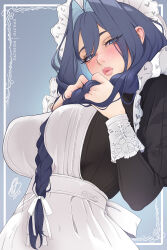 1girl 2025 apron artist_name black_dress blue_background blue_eyes blue_hair blush braid breasts closed_mouth commentary dress ear_blush frilled_hat frills from_below hair_between_breasts hair_between_eyes hair_intakes hair_over_shoulder hair_ribbon hands_on_own_chest hat highres holding holding_own_hair hololive hololive_english juliet_sleeves large_breasts long_hair long_sleeves looking_at_viewer maid maid_apron mob_cap official_alternate_costume official_alternate_hairstyle olchas ouro_kronii ouro_kronii_(maid) parted_lips patreon_username puffy_sleeves ribbon signature simple_background solo twin_braids upper_body victorian_maid virtual_youtuber white_apron white_hat white_ribbon