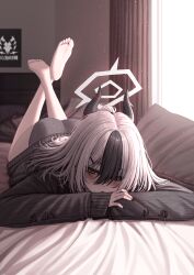 1girl absurdres alternate_costume alternate_hairstyle bare_legs barefoot black_sweater blue_archive blush crossed_ankles demon_girl demon_horns feet feet_up grey_panties hair_between_eyes highres horns kayoko_(blue_archive) lobsteranian long_hair looking_at_viewer lying multicolored_hair no_pants on_stomach open_mouth panties ponytail red_eyes shaded_face sidelocks soles solo sweater the_pose toes two-tone_hair underwear white_hair