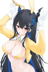 1girl alternate_costume animal_ear_hairband animal_ears asymmetrical_horns bikini black_hair blue_hair breasts cleavage colored_inner_hair commentary cropped_jacket demon_horns double-parted_bangs fake_animal_ears gloves hair_between_eyes hair_ornament hairband hands_up heart highres hololive hololive_english horns jacket lapels large_breasts light_blush long_hair long_sleeves looking_at_viewer multicolored_hair narukahana navel nerissa_ravencroft nontraditional_playboy_bunny parted_lips rabbit_ear_hairband rabbit_ears rabbit_pose red_eyes shrug_(clothing) simple_background sleeve_cuffs solo stomach suit_jacket swimsuit tassel tassel_hair_ornament uneven_horns virtual_youtuber white_background white_gloves white_sleeve_cuffs wing_collar x_hair_ornament yellow_bikini