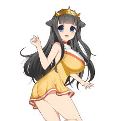 1girl armpits bare_legs black_hair blue_eyes breasts cheerleader commentary_request cow_girl cow_horns dress gold_tiara horns kusaka_souji large_breasts long_hair miru_holstein off_shoulder orange_dress uchi_no_hime-sama_ga_ichiban_kawaii