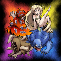1990s_(style) barbariccia bikini blonde_hair cagnazzo final_fantasy final_fantasy_iv glowing glowing_eyes horns long_hair matsumoto_tomoyohi pink_eyes pointy_ears retro_artstyle rubicante scarmiglione swimsuit very_long_hair