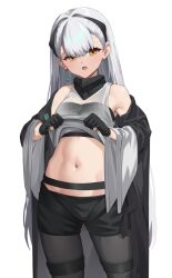 Rule 34 | 1girl, act (xadachit), ak-alfa (girls&#039; frontline), black gloves, black jacket, black pantyhose, black shorts, clothes lift, commentary, cowboy shot, earrings, english commentary, girls&#039; frontline, girls&#039; frontline 2: exilium, gloves, hair intakes, hair ornament, highres, jacket, jewelry, lifting own clothes, long hair, looking at viewer, navel, off shoulder, open clothes, open jacket, open mouth, pantyhose, partially fingerless gloves, see-through clothes, see-through shirt, shirt, shirt lift, short shorts, shorts, simple background, single earring, solo, stomach, tololo (girls&#039; frontline 2), white background, white hair, yellow eyes