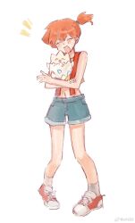 1girl :d asymmetrical_hair blush breasts closed_eyes creature crop_top denim denim_shorts eyelashes game_freak gen_1_pokemon gen_2_pokemon gym_leader hair_tie highres holding holding_creature holding_pokemon knees legs midriff misty_(pokemon) navel nintendo notice_lines open_mouth orange_hair pokemon pokemon_(anime) pokemon_(classic_anime) pokemon_(creature) pokemon_rgby ponytail shirt shoes short_hair short_shorts shorts side_ponytail sleeveless sleeveless_shirt smile sneakers socks solo standing suspender_shorts suspenders tank_top togepi yellow_shirt
