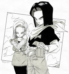 1boy 1girl android_17 android_18 bandana bandana_around_neck belt brother_and_sister cowboy_shot denim denim_jacket denim_skirt dragon_ball dragonball_z fenyon greyscale highres jacket monochrome pantyhose shirt short_hair siblings skirt sleeveless sleeveless_jacket torn_clothes torn_jacket twins