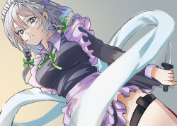 1girl amateru apron blue_dress blue_eyes braid breasts dress expressionless frills from_below hair_between_eyes hair_ribbon highres holding holding_knife izayoi_sakuya knife long_sleeves maid maid_apron maid_headdress medium_breasts medium_hair ribbon solo teeth thigh_strap thighs touhou twin_braids white_hair