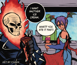 1girl 2boys absurdres ass bare_shoulders black_jacket bridal_gauntlets chakkrx clenched_teeth commentary darkstalkers demon_wings english_text fire flat_chest food_stand ghost_rider ghost_rider_(series) head_wings highres holding holding_ice_cream_cone ice_cream_cone ice_cream_stand jacket lilith_(darkstalkers) marvel marvel_vs._capcom multiple_boys purple_eyes raised_eyebrow short_hair skull speech_bubble teeth wings