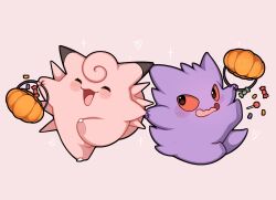 Rule 34 | black eyes, candy, clefable, closed eyes, colored sclera, food, full body, gen 1 pokemon, gengar, halloween, halloween bucket, happy, highres, lollipop, nintendo, open mouth, pink hair, pokemon, pokemon (creature), red sclera, sevi (seviyummy), smile, wavy mouth