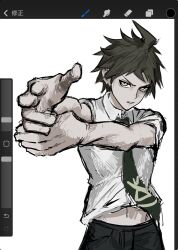 1boy ahoge aiming aiming_at_viewer art_program_in_frame black_pants brown_hair cho5782 collared_shirt danganronpa_(series) danganronpa_2:_goodbye_despair finger_gun furrowed_brow highres hinata_hajime male_focus midriff_peek necktie pants parted_lips pointing pointing_at_viewer shirt short_hair short_sleeves sketch solo white_background white_shirt yellow_eyes