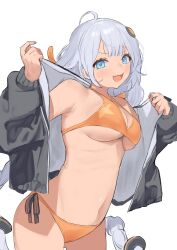 1girl ahoge armpit_crease bikini black_jacket blue_hair blush braided_twintails breasts cleavage cowboy_shot fang grey_hair hair_ornament highres jacket kizuna_akari long_hair looking_at_viewer medium_breasts navel orange_bikini pocche-ex simple_background skin_fang smile solo swimsuit underboob undressing v-shaped_eyebrows very_long_hair voiceroid white_background