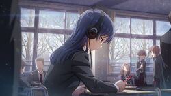 3boys 4girls black_jacket blue_hair blush brown_eyes classroom closed_mouth commentary_request day desk faceless faceless_female faceless_male from_side game_cg headphones holding holding_pen idolmaster idolmaster_(classic) idolmaster_million_live! idolmaster_million_live!_theater_days indoors jacket kisaragi_chihaya light_particles long_hair long_sleeves looking_down multiple_boys multiple_girls official_art on_chair pen people school_desk school_uniform sitting solo_focus third-party_source