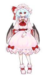 1girl absurdres aorin_oekaki ascot bat_wings blue_hair bow brooch collared_shirt commentary frilled_shirt_collar frills full_body hair_between_eyes hat hat_ribbon highres jewelry light_blush looking_at_viewer mob_cap pink_hat pink_shirt pink_skirt puffy_short_sleeves puffy_sleeves red_ascot red_bow red_eyes red_nails remilia_scarlet ribbon shirt shoes short_hair short_sleeves simple_background skirt skirt_set solo symbol-only_commentary touhou white_background white_shoes wings wrist_cuffs