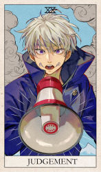 1boy beige_border blue_jacket blue_sky border buttons card_(medium) day emphasis_lines english_text facial_mark hand_up high_collar highres holding holding_megaphone inumaki_toge jacket jpeg_artifacts judgement_(tarot) jujutsu_kaisen kadeart long_sleeves looking_at_viewer male_focus megaphone open_mouth outdoors purple_eyes roman_numeral short_hair shouting sky solo standing tarot tarot_(medium) teeth tongue upper_body v-shaped_eyebrows white_hair