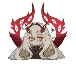 1girl breasts chibi chibi_only closed_mouth cowlick eye_hair_ornament eye_symbol fingernails frown genshin_impact hair_between_eyes hair_intakes hair_ornament long_hair oysi_0831 red_wings ronova_(genshin_impact) sharp_fingernails simple_background solo squiggle symbol-shaped_pupils veil white_background white_hair wings yellow_eyes