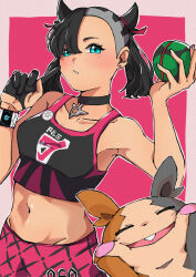 Rule 34 | 1girl, aqua eyes, arm up, asymmetrical bangs, banapi0504, black choker, black hair, breasts, choker, collarbone, dusk ball, earrings, gen 8 pokemon, gloves, hair ribbon, hand up, highres, holding, holding poke ball, index finger raised, jewelry, looking at viewer, marnie (pokemon), midriff, morpeko, morpeko (full), navel, nintendo, pants, parted lips, poke ball, pokemon, pokemon (creature), pokemon swsh, ribbon, single glove, small breasts, sports bra, stud earrings, twintails, undercut