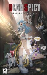 2girls 3others absurdres ammunition_belt animal_ear_headphones animal_ears animalization april_fools black_hair black_shirt blonde_hair blue_eyes blue_hair blue_neckerchief breaking_through_window breasts cape collared_dress crop_top crying drake_(nikke) dress drone earrings fake_animal_ears firing full_body gatling_gun glass goddess_of_victory:_nikke hair_between_eyes hair_ribbon headphones headset highres holding holding_weapon jacket jewelry laplace_(nikke) light_blue_hair long_hair maxwell_(nikke) medium_breasts multicolored_hair multiple_girls multiple_others neckerchief off-shoulder_jacket off_shoulder open_mouth orange_hair parody peaceterzero purple_eyes purple_hair purple_jacket purple_ribbon red_cape red_eyes ribbon shell_casing shifty_(nikke) shirt short_hair short_sleeves side_ponytail sitting skirt streaked_hair syuen_(nikke) thighs triangle_earrings twintails two-tone_shirt visor_cap weapon white_dress white_hair white_shirt white_skirt window wrist_cuffs