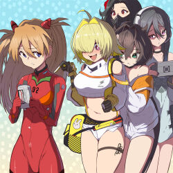 5girls blonde_hair blue_eyes bodysuit breasts cowboy_shot crossover disgust elegg_(nikke) exia_(nikke) fanh game_console goddess_of_victory:_nikke grabbing_from_behind green_eyes guest_character hair_over_eyes highres interface_headset_(evangelion) large_breasts long_hair looking_at_another looking_back maiden_(nikke) mask mecha_pilot_suit micro_shorts mouth_mask multiple_girls navel neon_genesis_evangelion open_mouth playing_games plugsuit_(evangelion) pointing rebuild_of_evangelion red_bodysuit shiny_clothes short_hair short_shorts shorts simple_background small_breasts smile smug souryuu_asuka_langley syope trony_(nikke) two_side_up white_shorts wide_hips