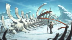 1girl absurdres banner bird black_gloves black_pants blue_sky blurry blurry_foreground capelet commentary day desert english_commentary fantasy footprints giant_skeleton gloves highres holding holding_polearm holding_weapon long_hair original outdoors pants polearm porforever sky solo spear sunset_(porforever) walking weapon white_hair