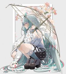1girl absurdres artist_name bird bird_girl closed_mouth falling_petals feathered_wings flower glasses green_hair grey_hair grey_shoes hair_flower hair_ornament hen-tie highres long_sleeves low_wings mole mole_under_eye multicolored_hair multiple_moles necktie original petals pink_flower pink_hair pink_necktie round_eyewear shoes socks squatting streaked_hair transparent transparent_umbrella umbrella white_flower wings